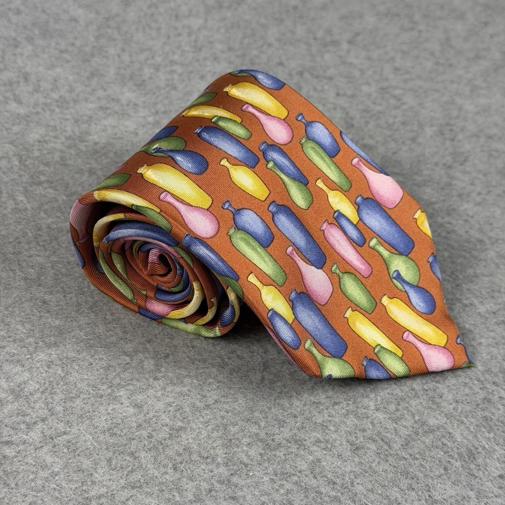 Vintage Gucci Italy Silk Tie Art Pottery Vase Print Orange Multicolor 56x3.75"